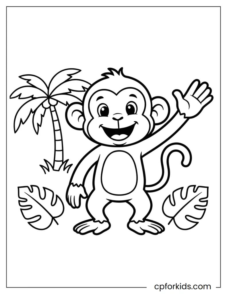 Happy Monkey Coloring Page with Big Waving Hand