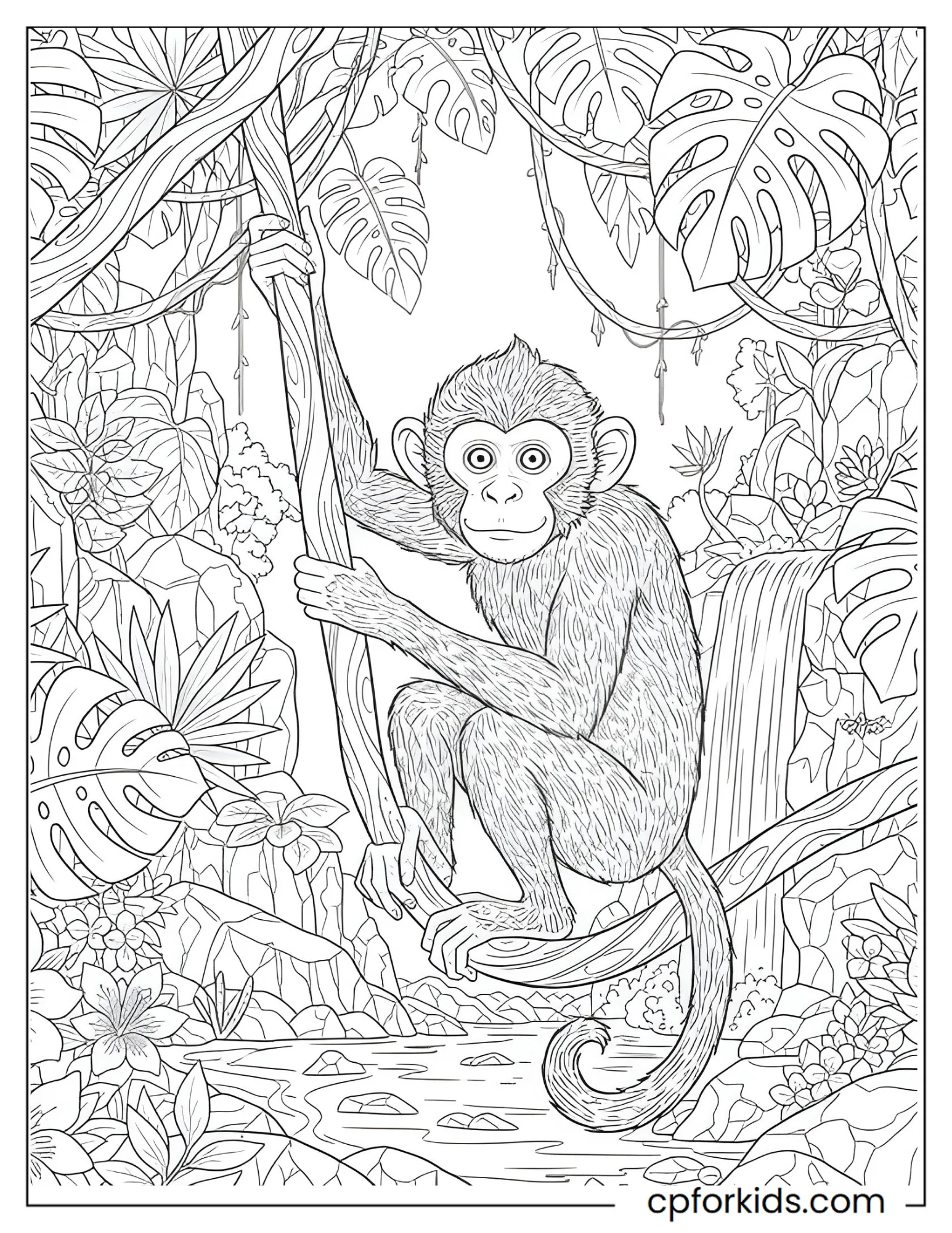 Monkey sitting among layered tropical leaves and vines