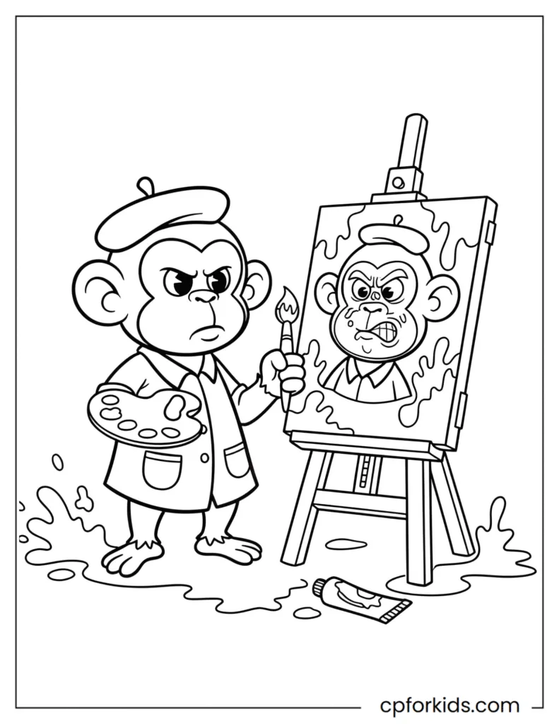 Monkey Artist Coloring Page Painting a Self-Portrait Comically