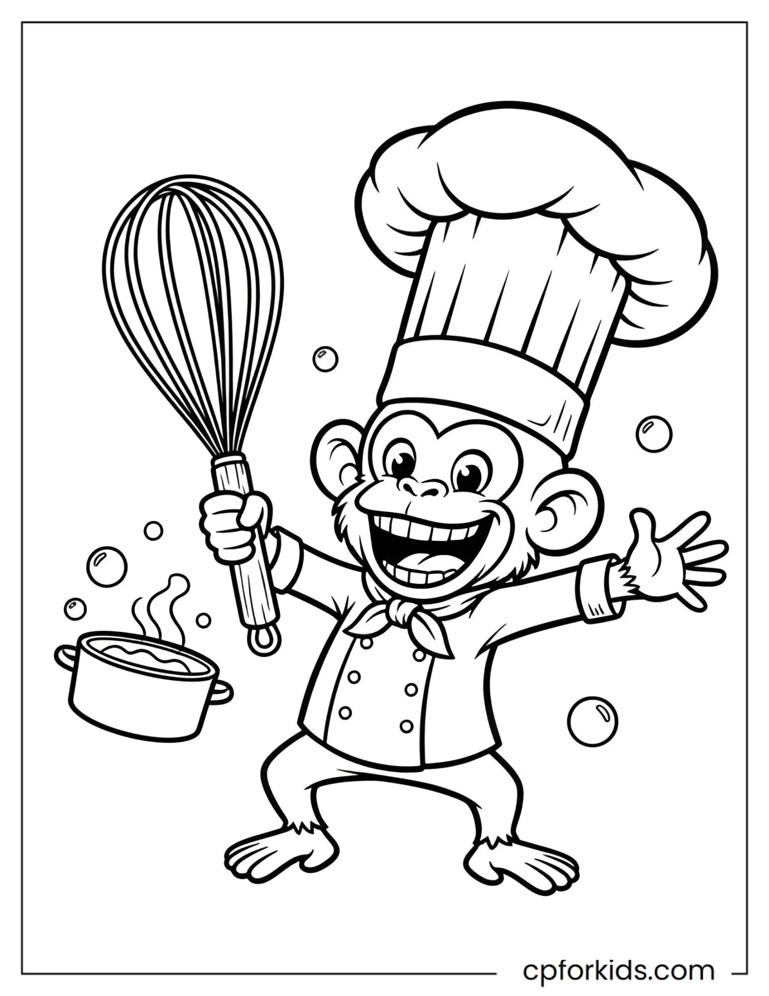 Monkey chef wearing tall hat and holding whisk