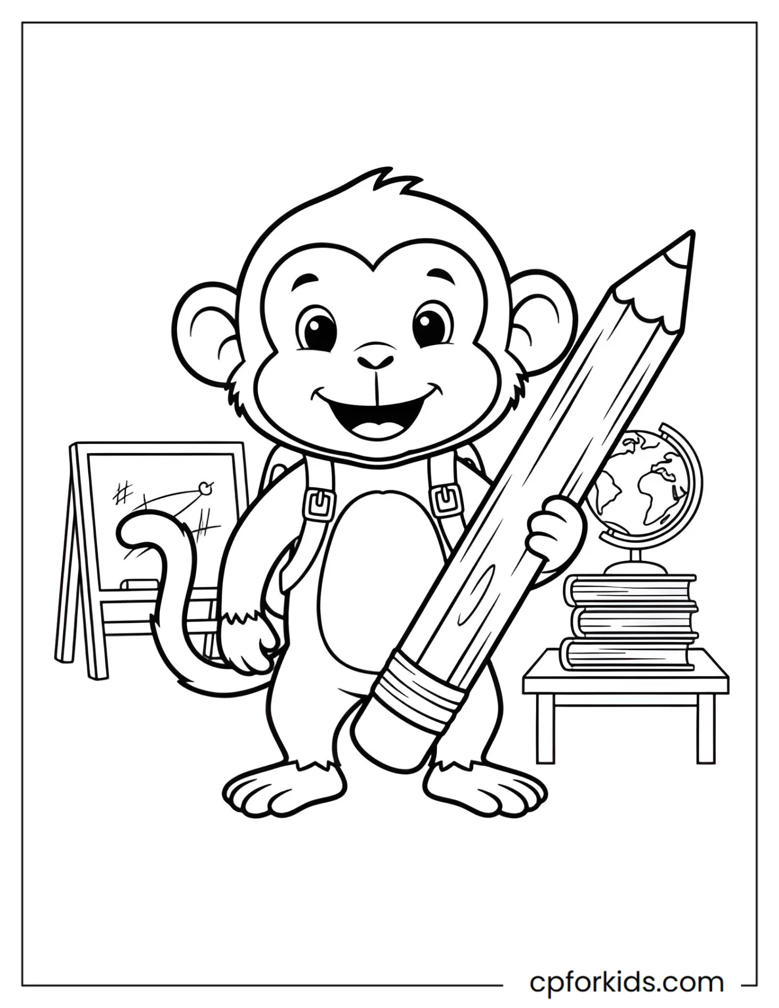 Monkey wearing backpack and holding one schoolbook
