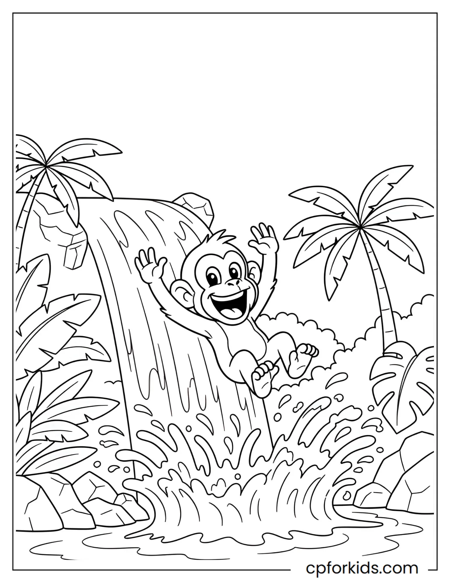 Monkey sliding down waterfall through splashing water