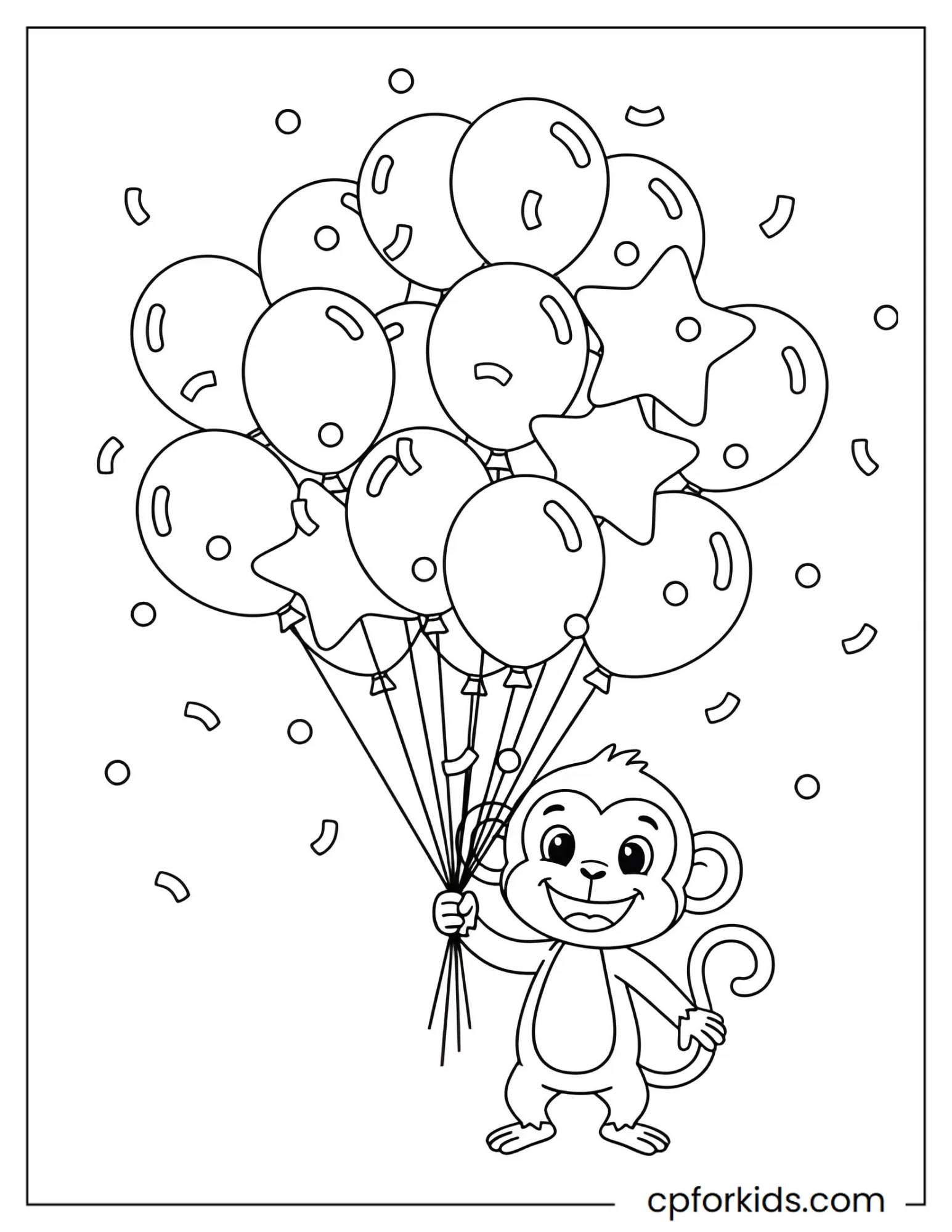 Monkey holding balloons beneath falling pieces of confetti