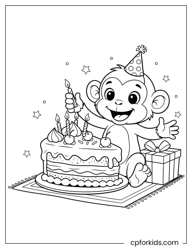 Monkey Coloring Page with a Giant Slice of Birthday Cake