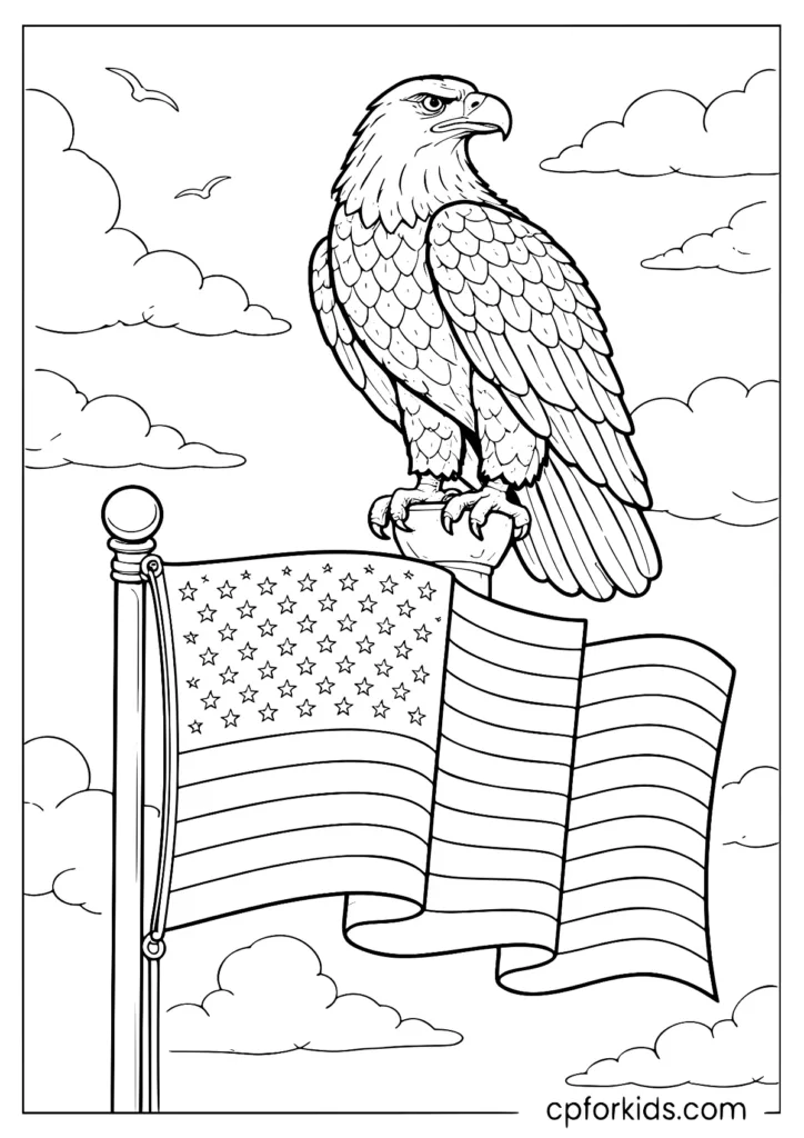 A drawing of an American bald eagle perched majestically on the top of a flagpole.