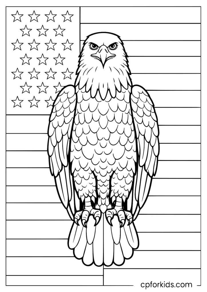 American eagle with stars and stripes background coloring sheet.