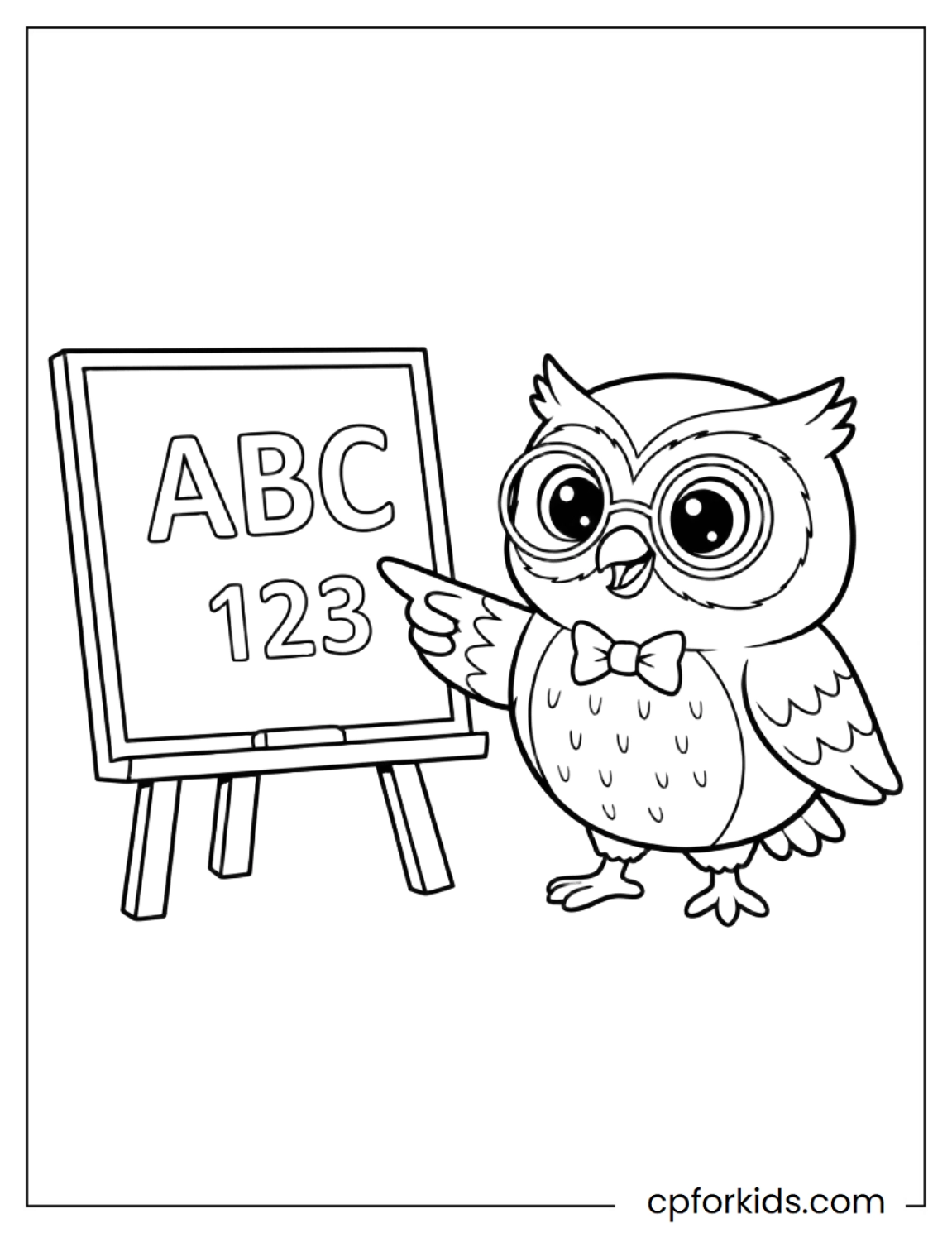 Baby owl writing ABCs on chalkboard