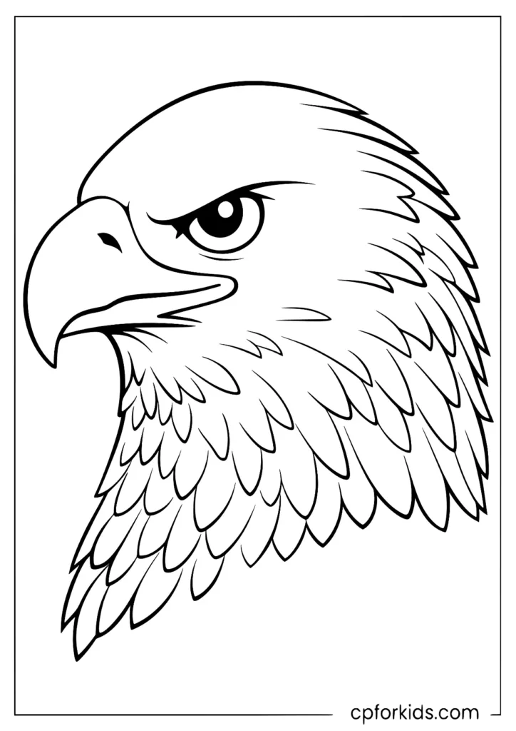 Bald eagle profile view coloring page with feather texture lines