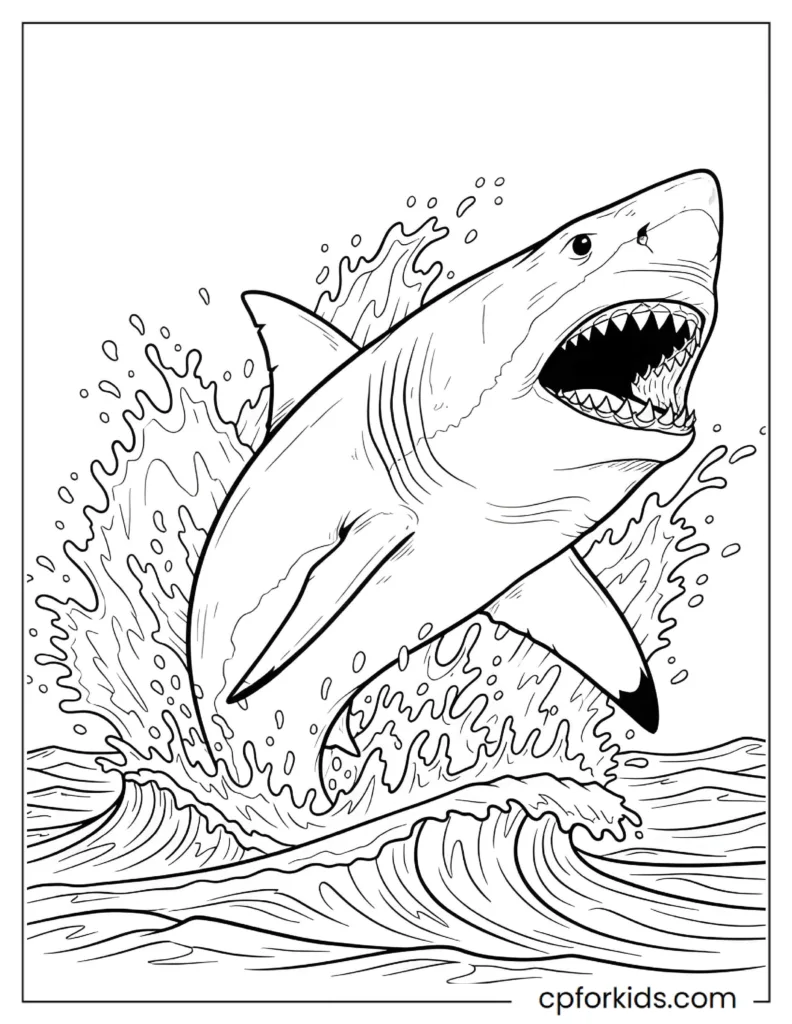 Big shark coloring page jumping out of ocean, dynamic realistic line art scene