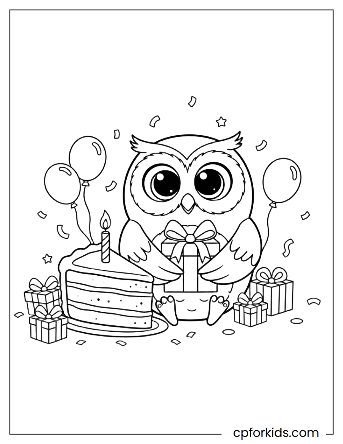Owl beside cake holding small present