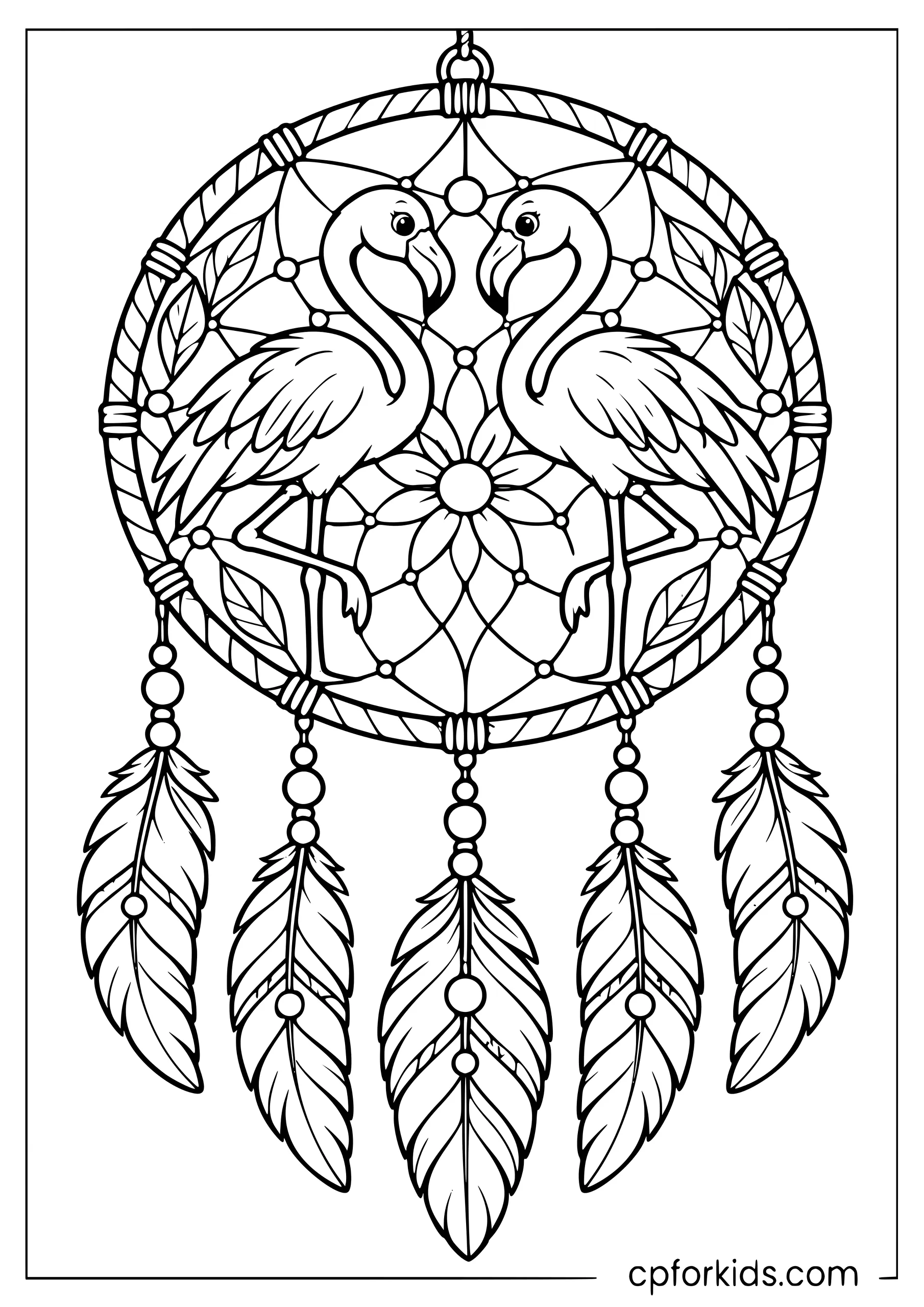 Dreamcatcher with two flamingos and five hanging feathers