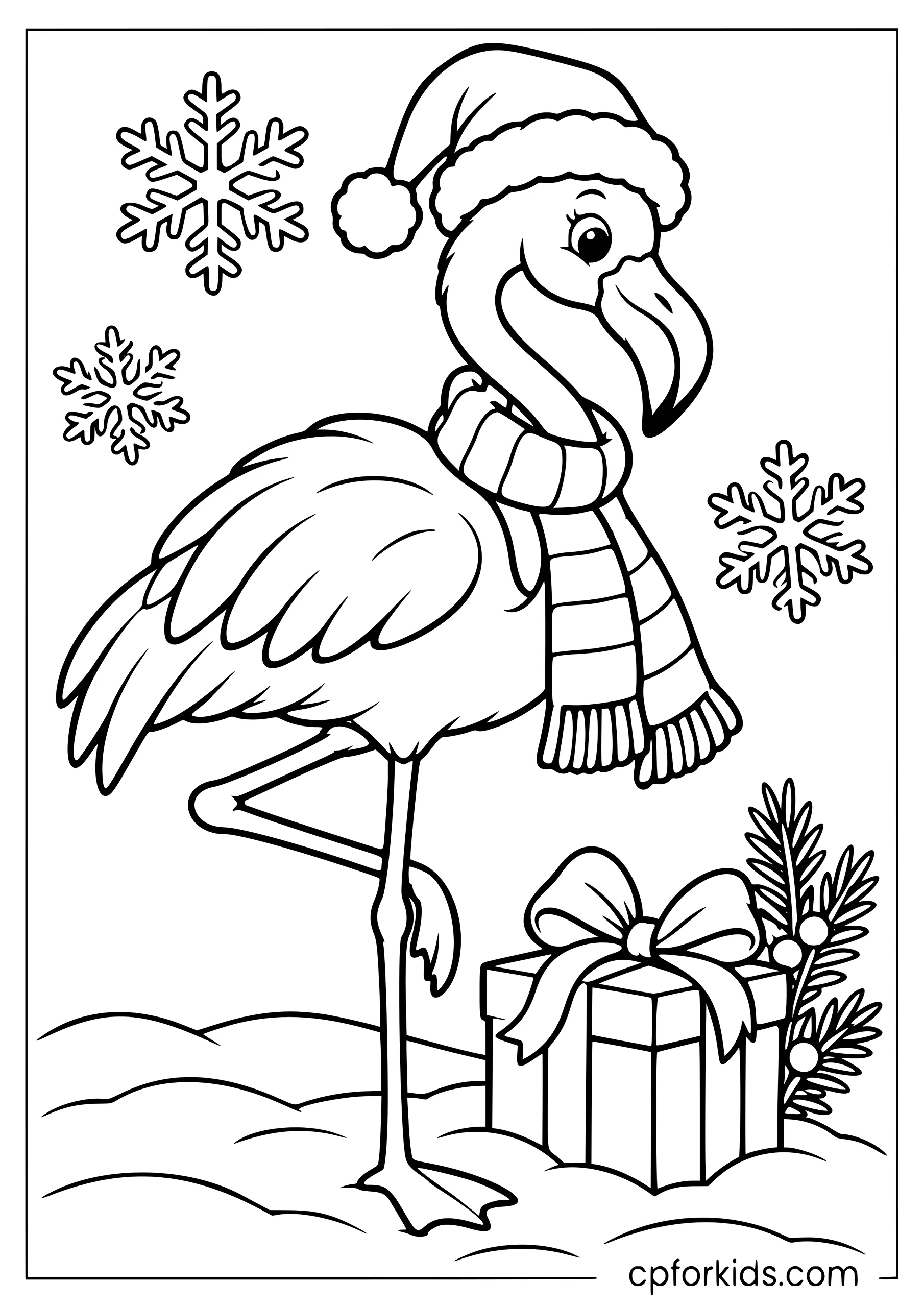 Flamingo wearing a Santa hat and scarf in the snow