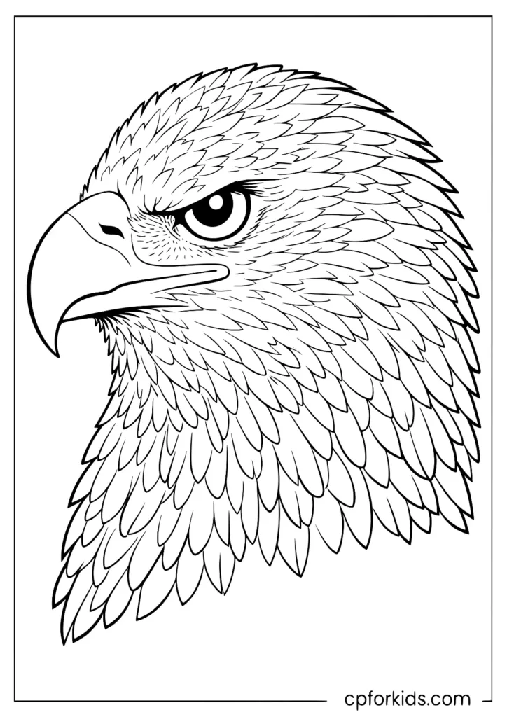 Close-up eagle head coloring page with more detailed feather lines