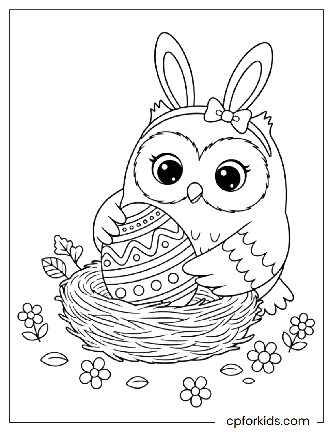 Owl wearing bunny ears beside egg
