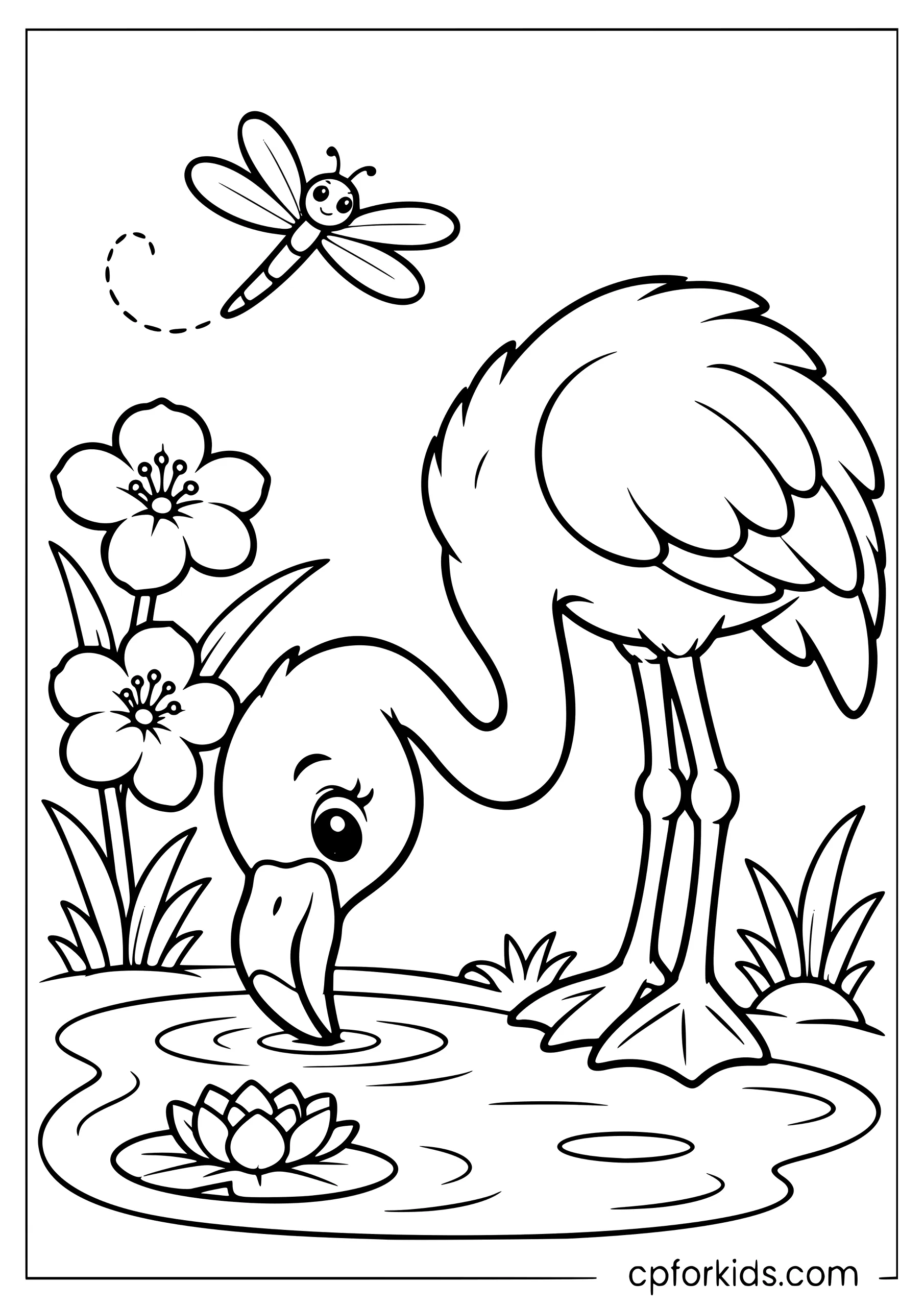 Round kawaii flamingo drinking from a pond with a dragonfly