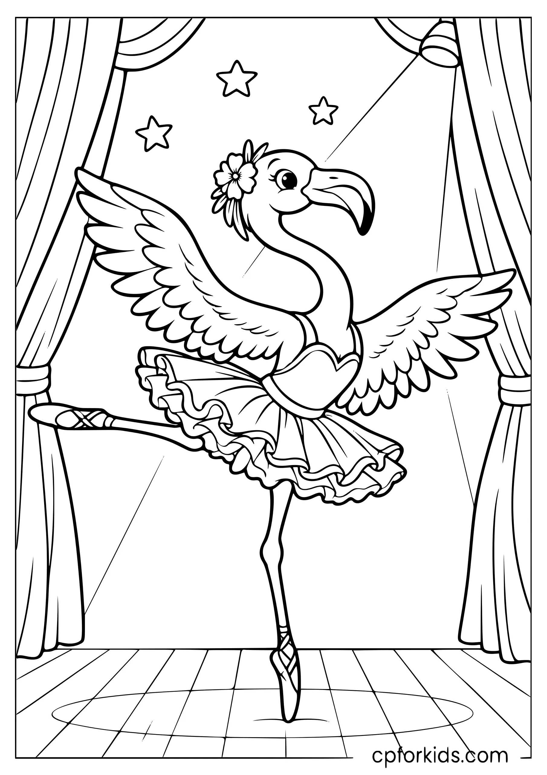 Flamingo dressed as a ballerina performing on a small stage