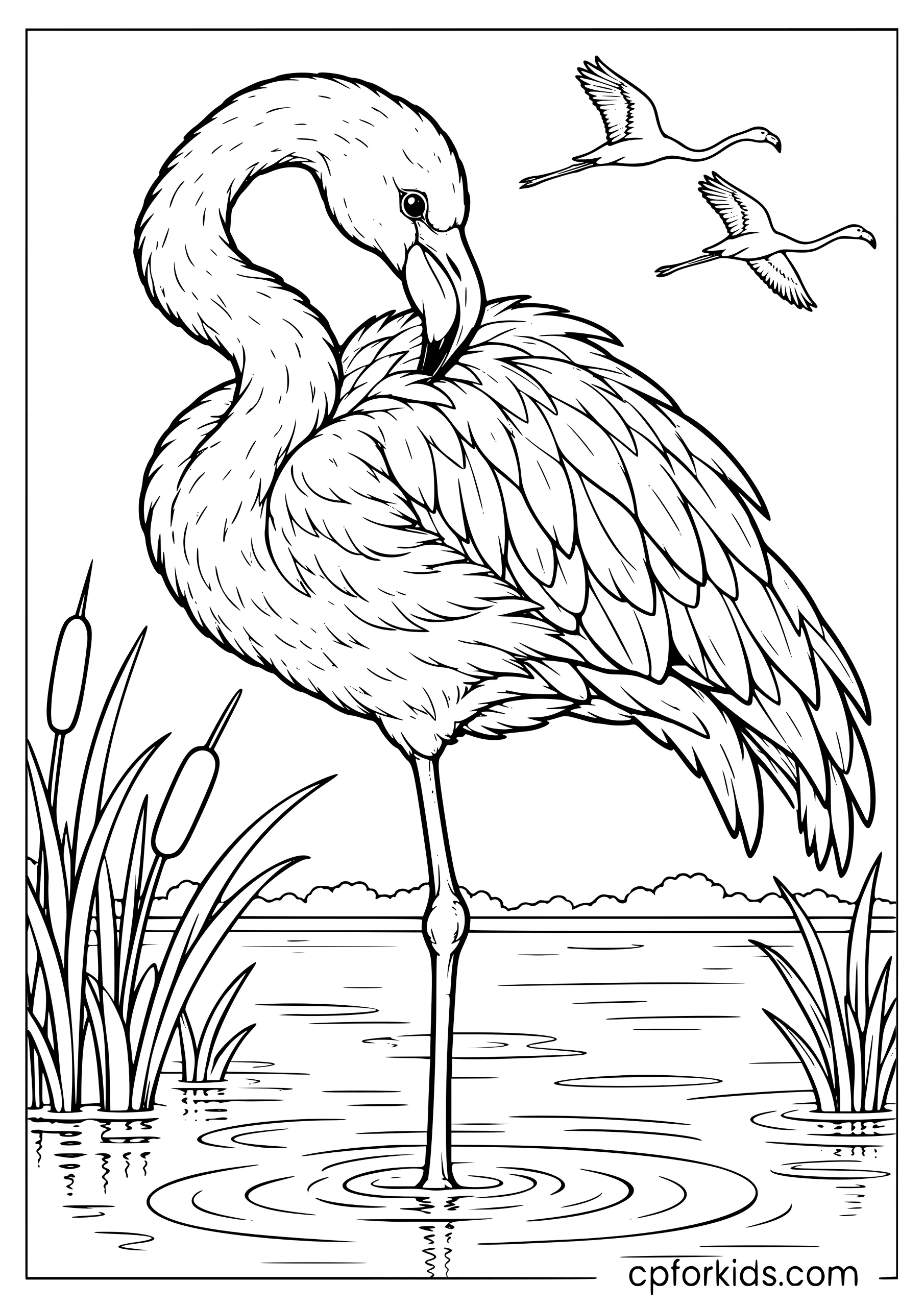 Realistic flamingo preening its feathers in a wetland