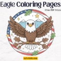 Eagle coloring pages featured image: A majestic eagle with stars and patriotic flair, perfect for printable kids' activities.