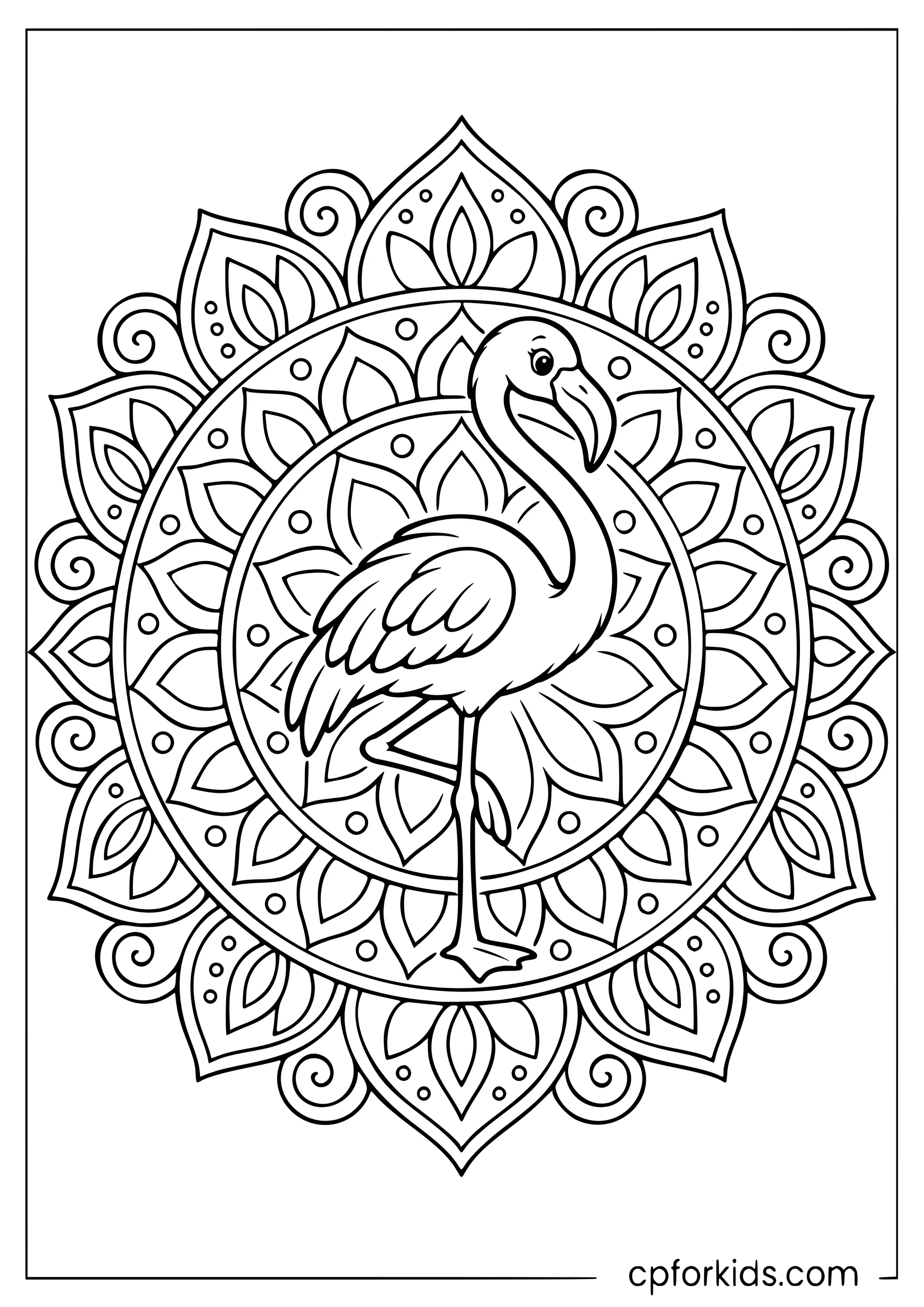 Flamingo silhouette centered in a symmetrical boho mandala