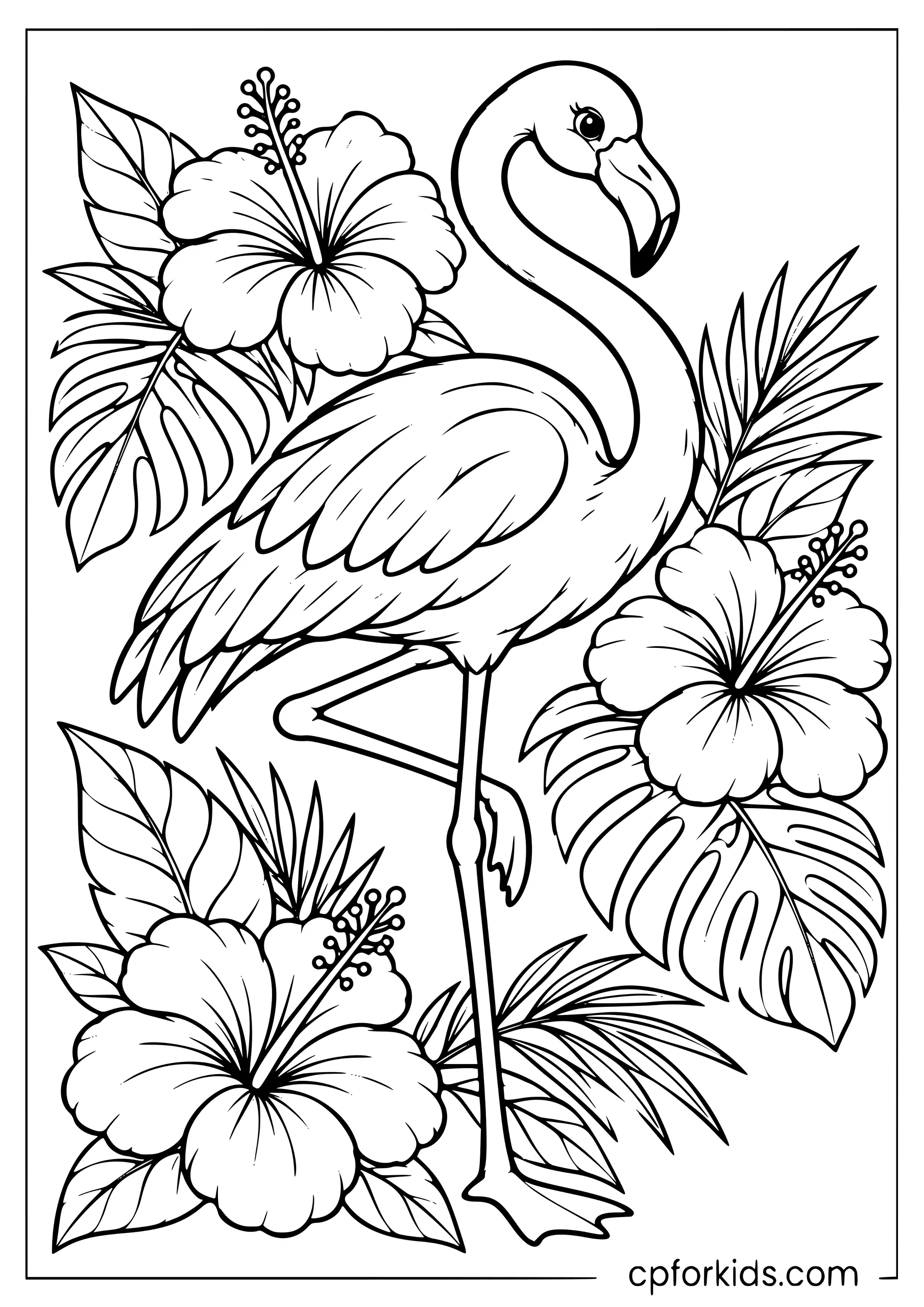 Elegant flamingo standing among large hibiscus flowers and tropical leaves
