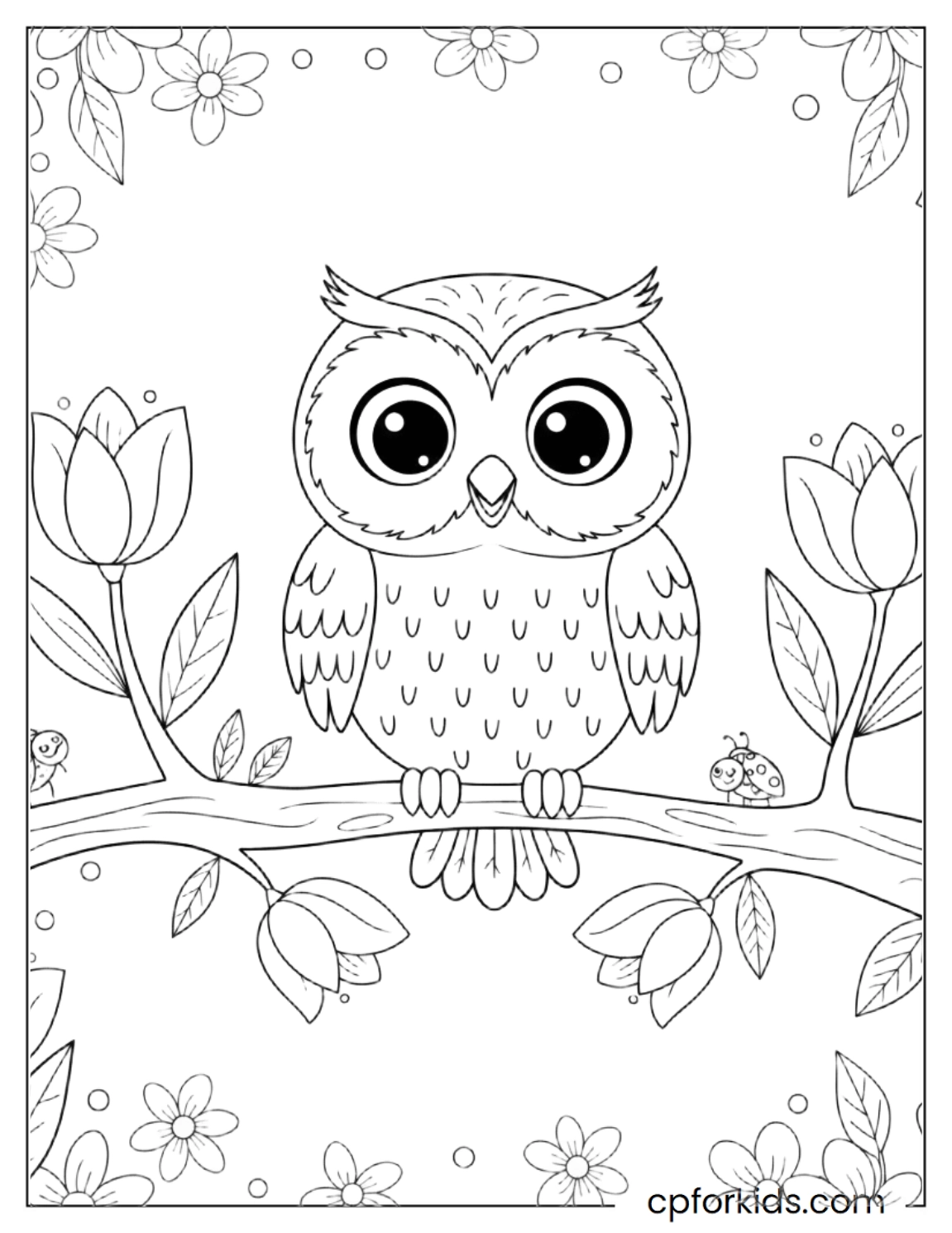 Owl perched on blossoming flower branch