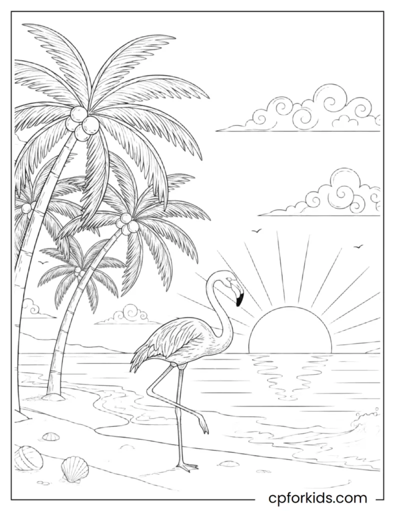 A peaceful scene showing a flamingo standing next to palm trees on a deserted beach shoreline.