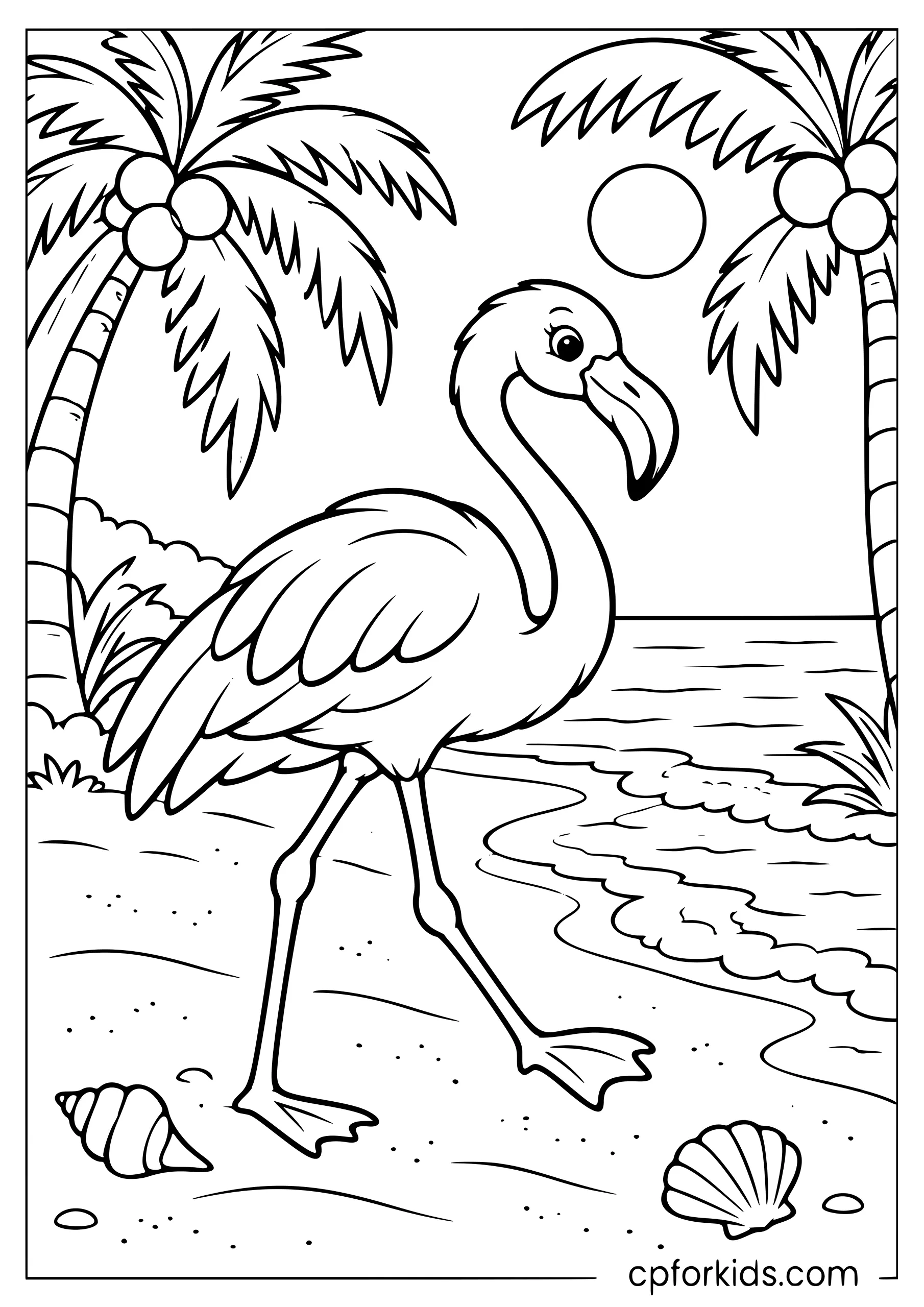 Flamingo walking along the beach between two palm trees