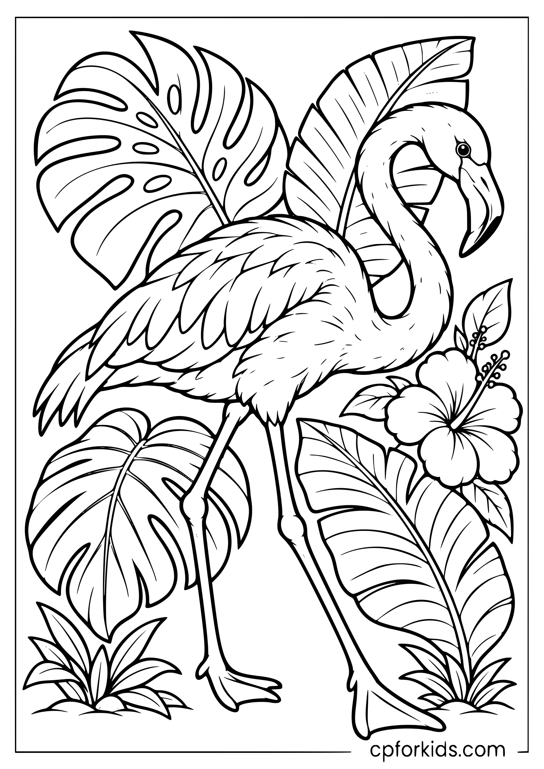 Flamingo walking among large tropical leaves and a hibiscus