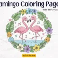 Cute, cartoon-style flamingo coloring pages featured image. Joyful long-legged flamingos in a tropical setting with flowers and leaves, perfect for kids' printable coloring activities.