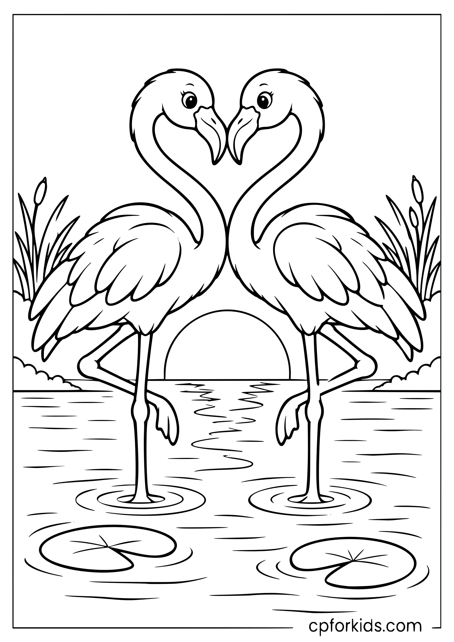 Two flamingos forming a heart at sunset