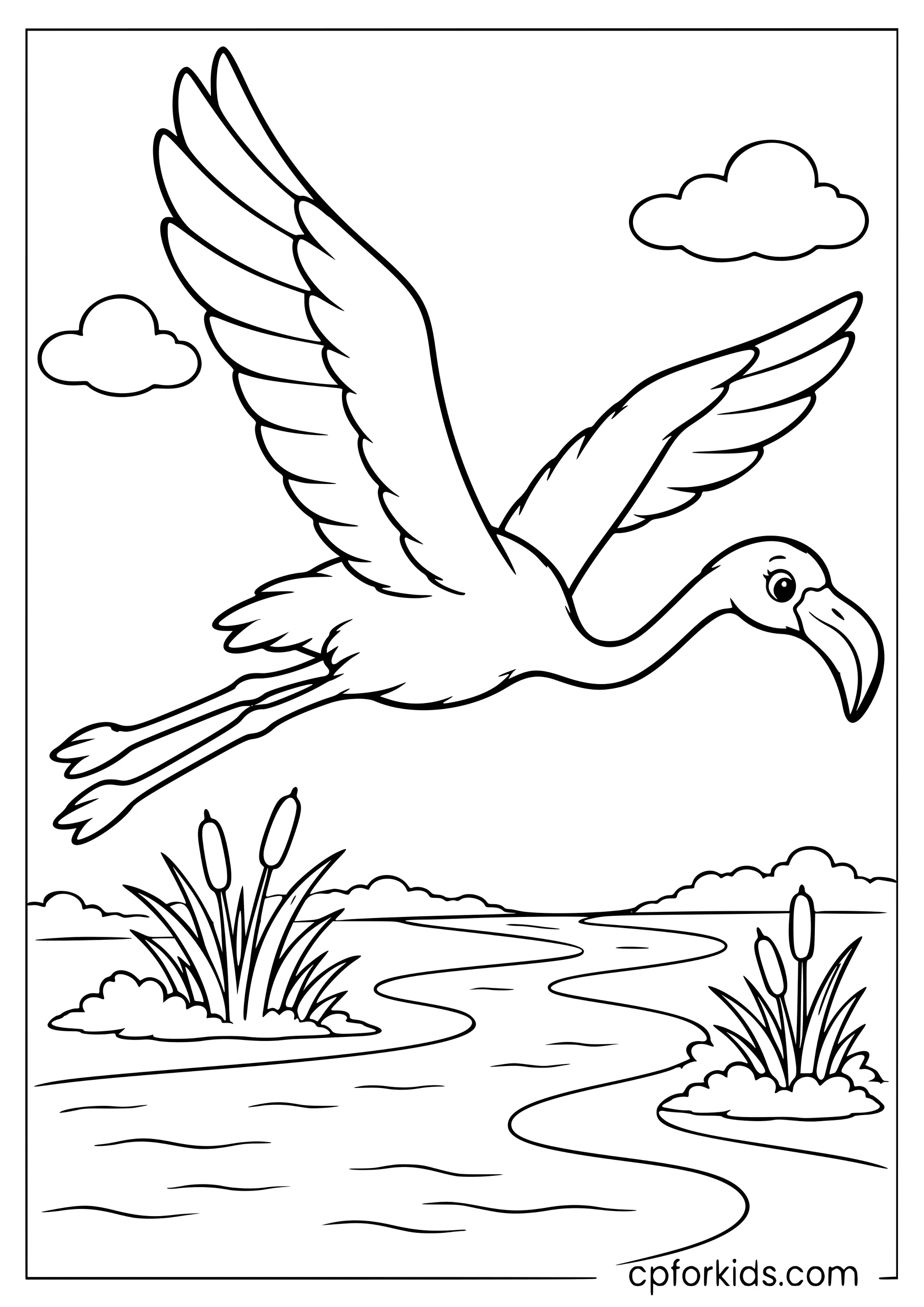 Flamingo flying diagonally above a winding river