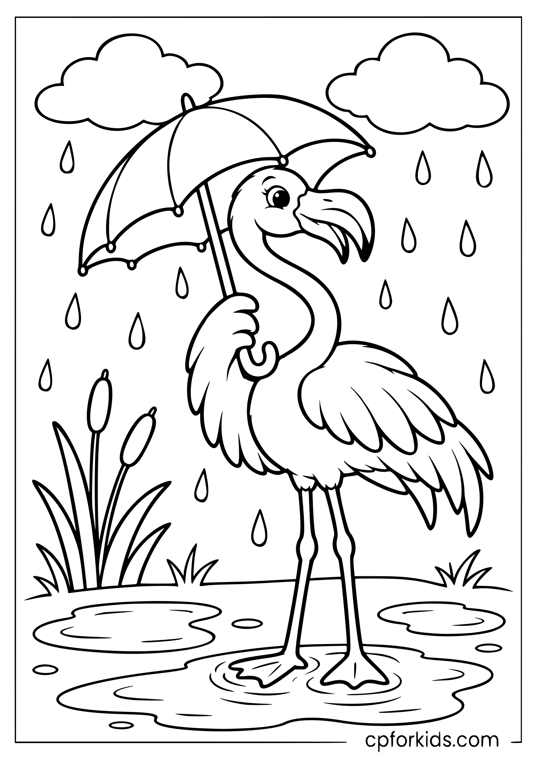 Flamingo holding an umbrella in the rain