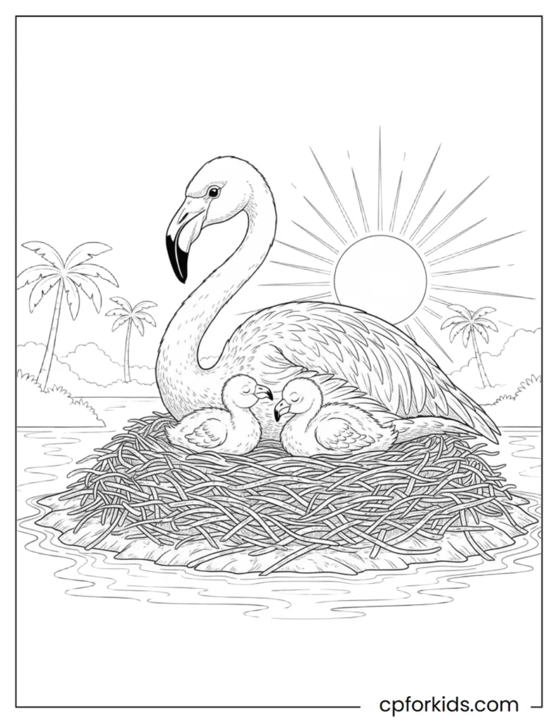 A realistic drawing of a flamingo sitting on its nest protecting a newborn baby flamingo chick.