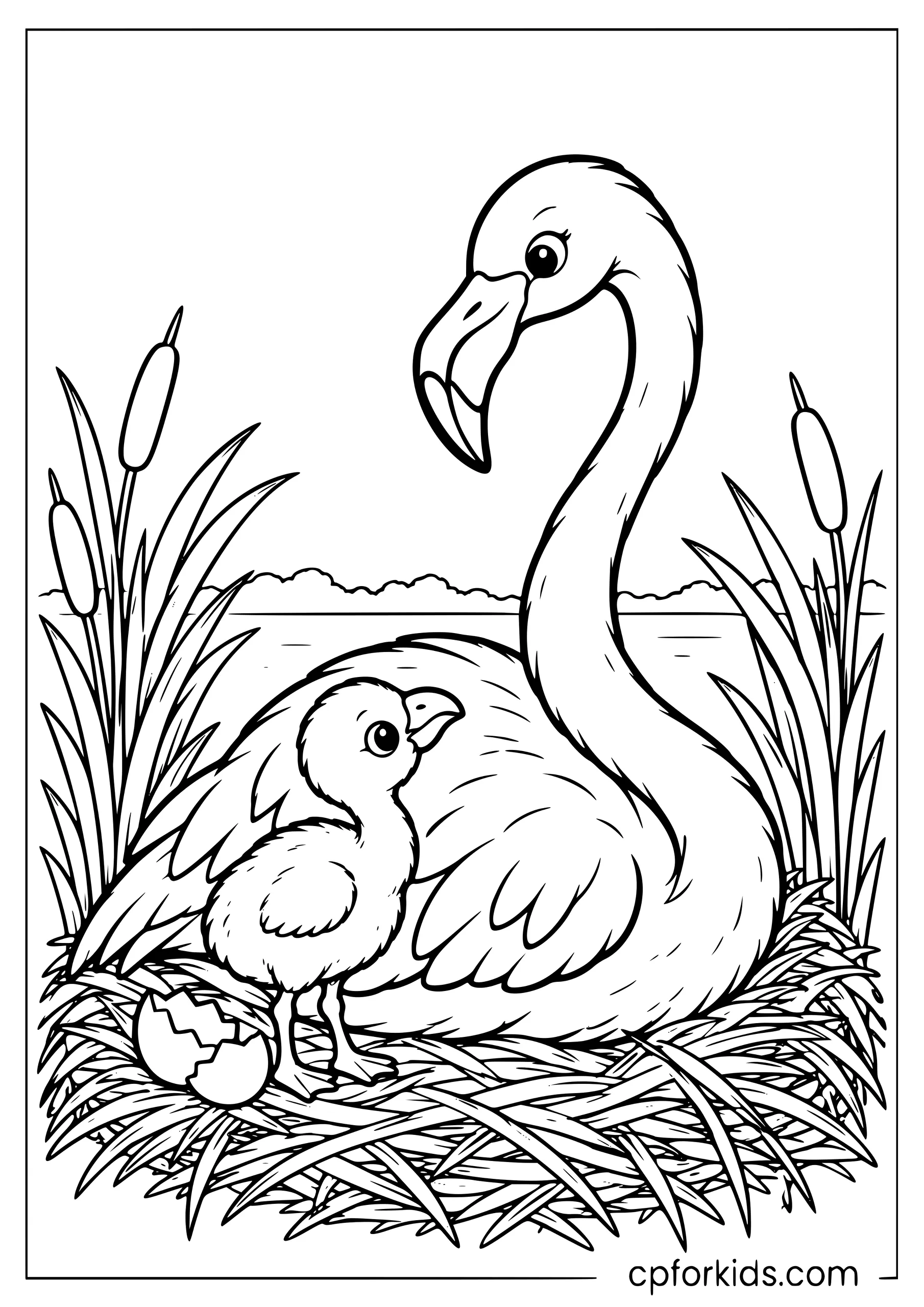 Flamingo nesting beside a chick and broken eggshell