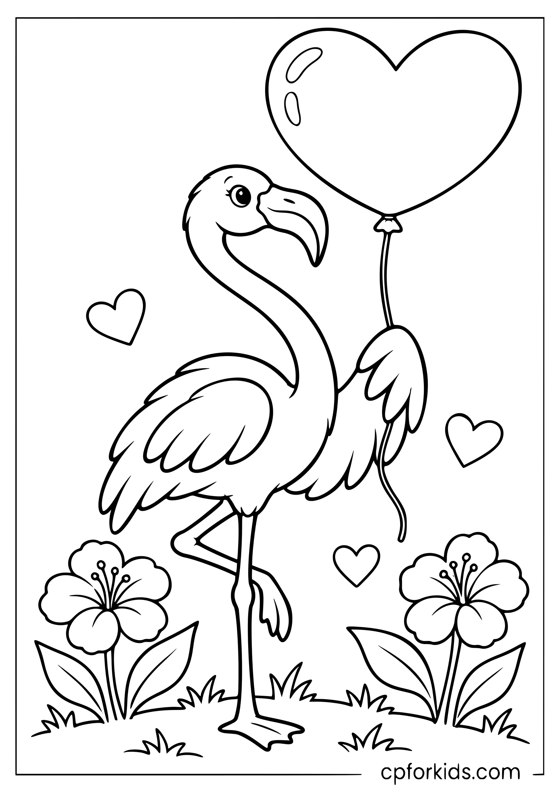 Flamingo holding a heart balloon among flowers and small hearts