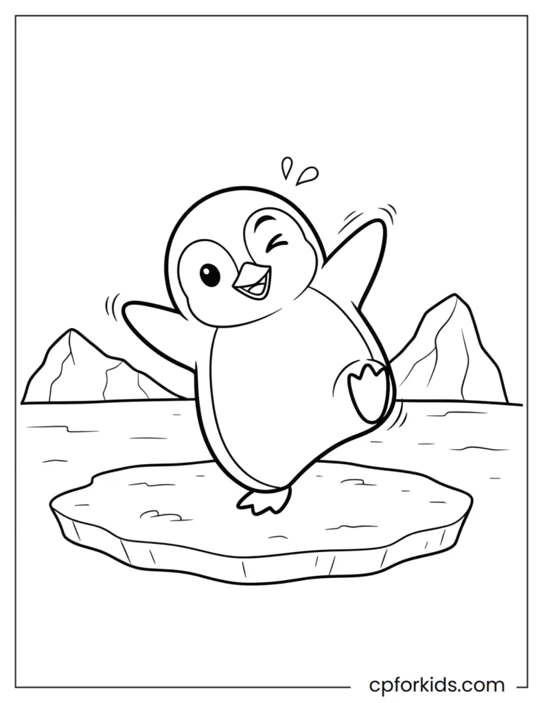 Cartoon penguin coloring page doing a funny dance move, fun and easy.