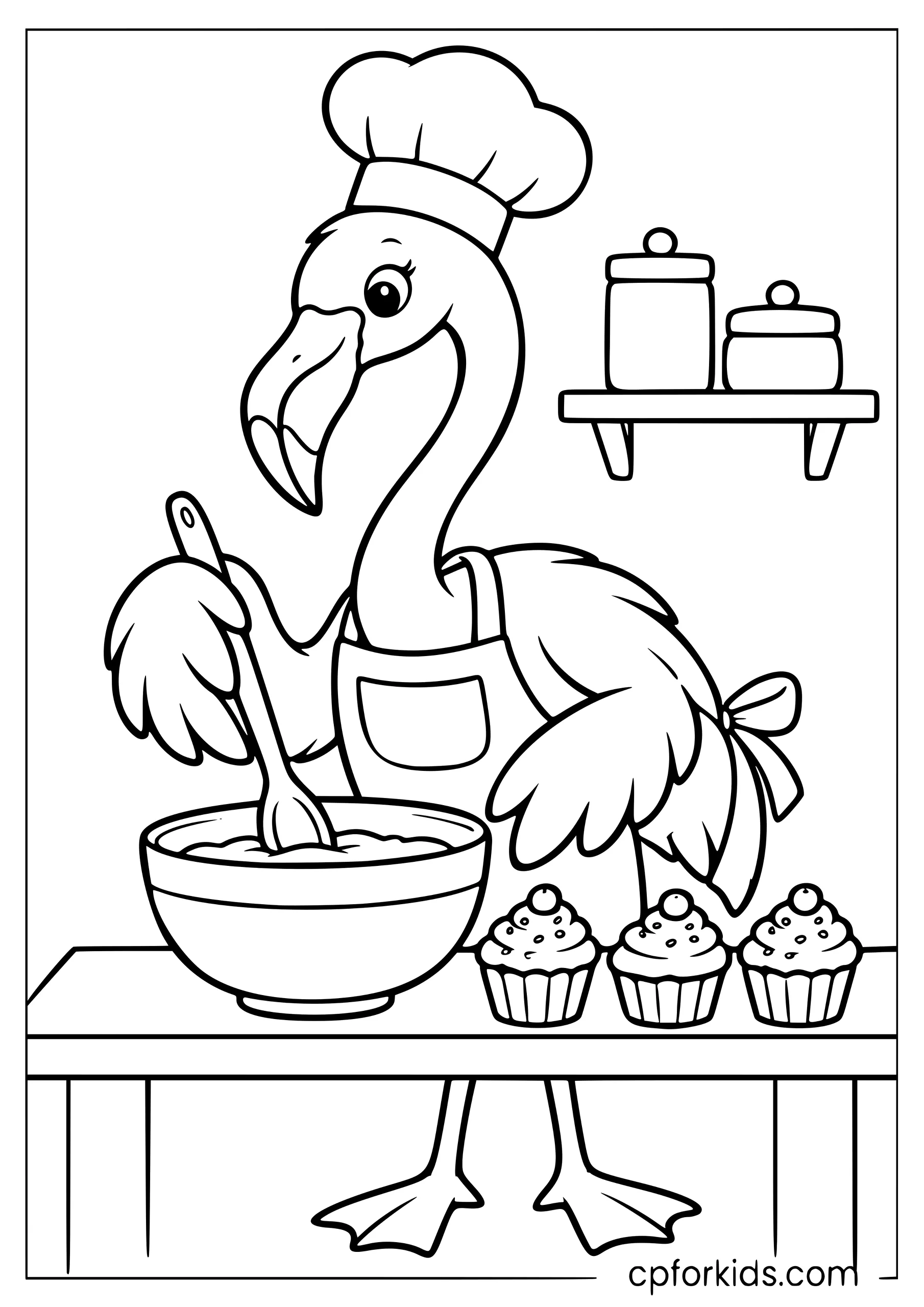 Flamingo chef mixing beside three cupcakes