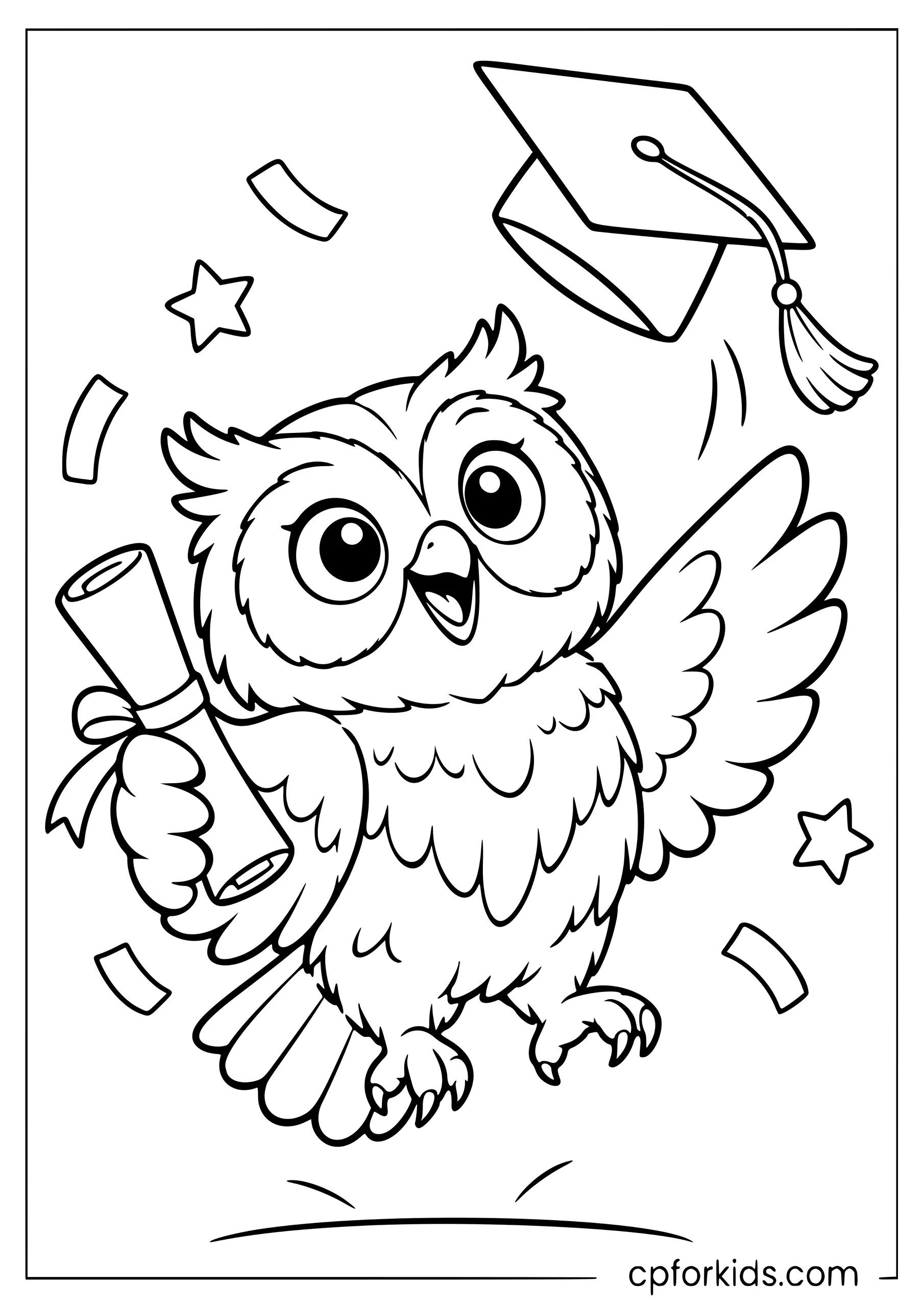 Graduation owl tossing cap while holding diploma