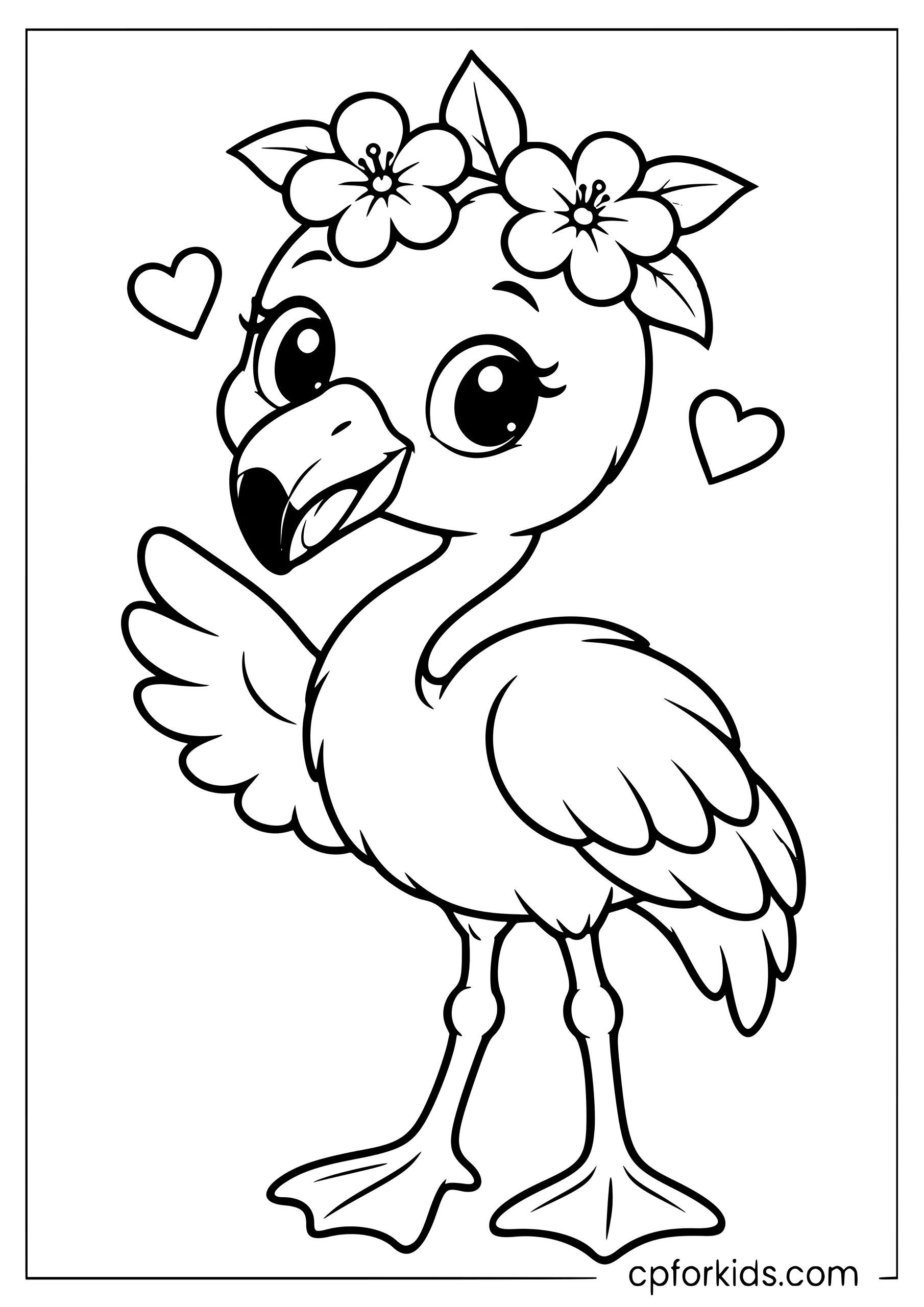 Round baby flamingo wearing a crown of two flowers