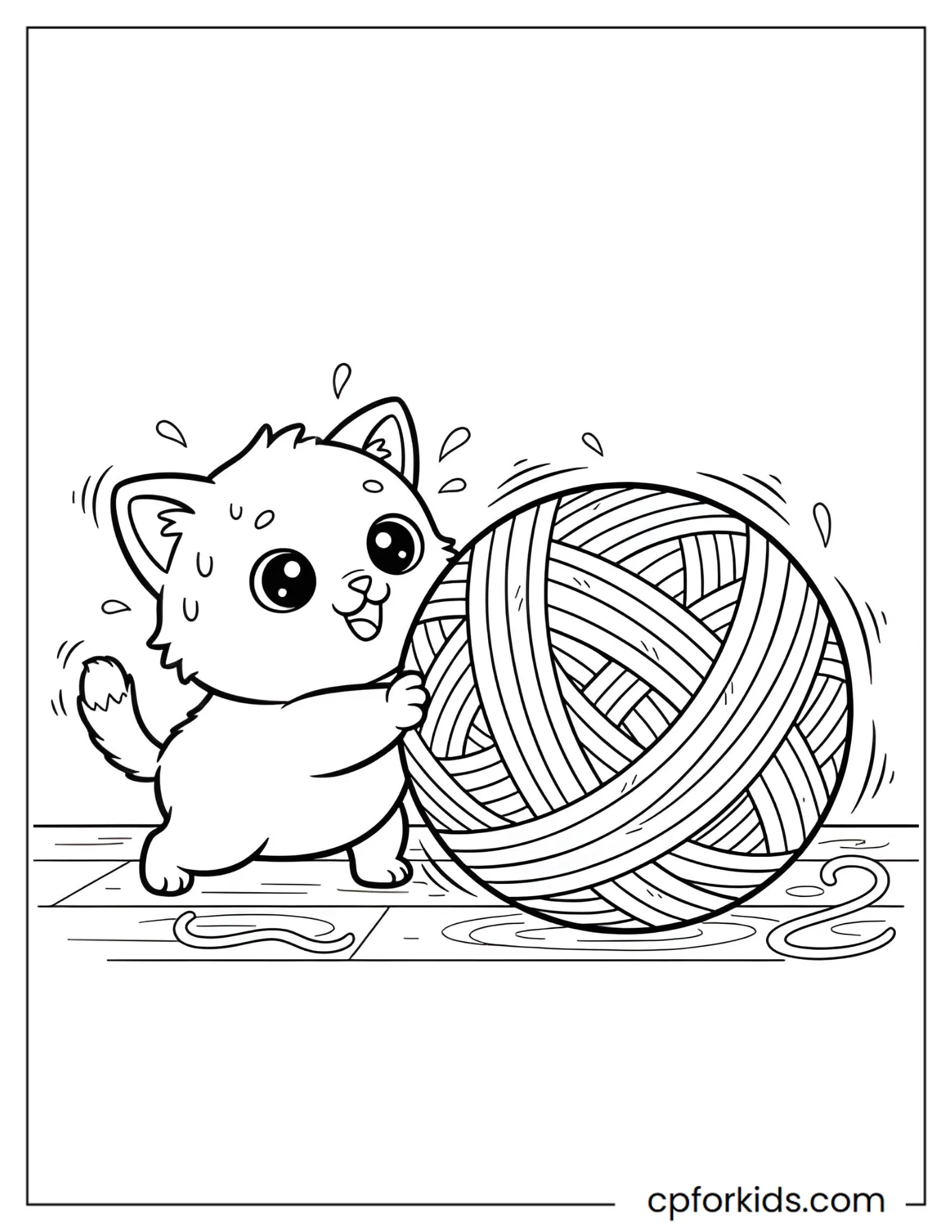 Kitten Pushing a Giant Yarn Ball