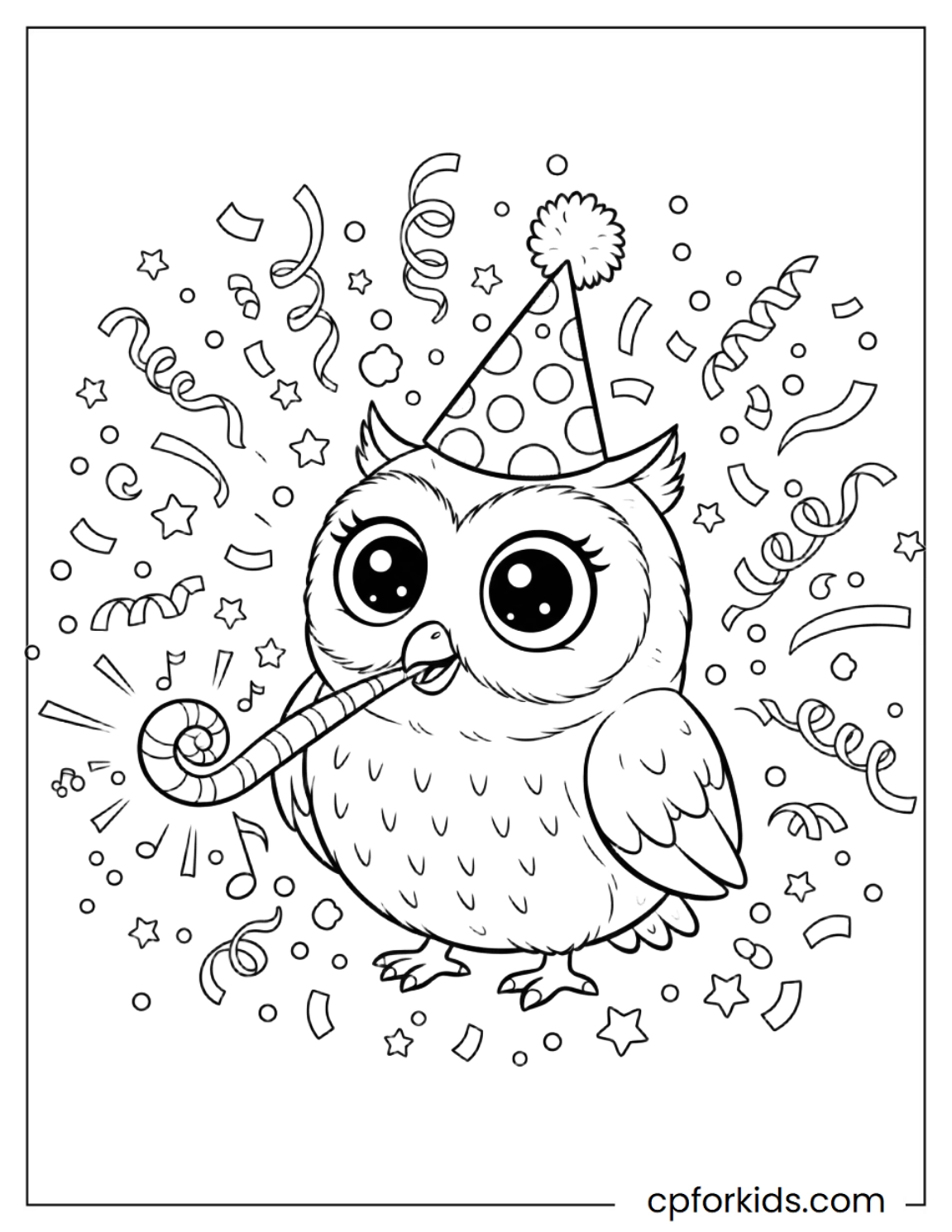 Owl wearing party hat blowing noisemaker