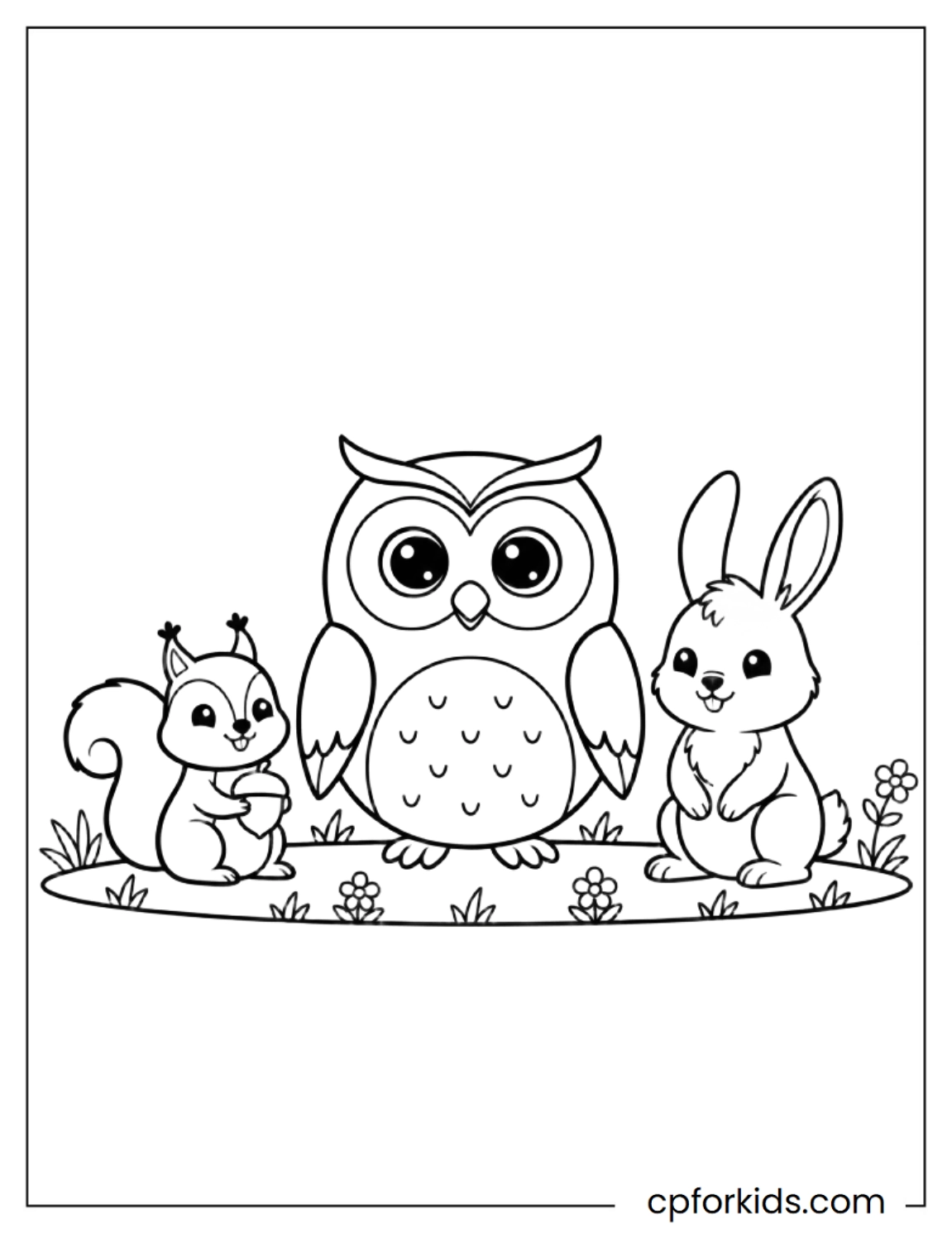 Owl with squirrel and rabbit in forest