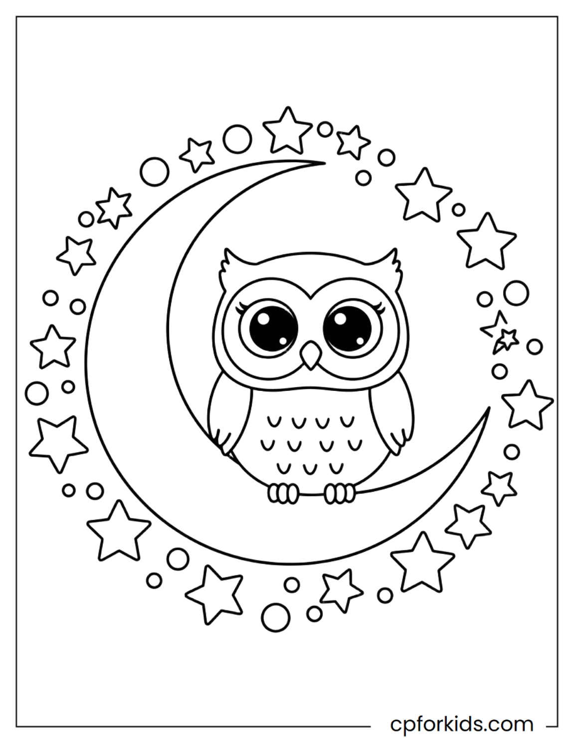 Owl resting on crescent moon with stars