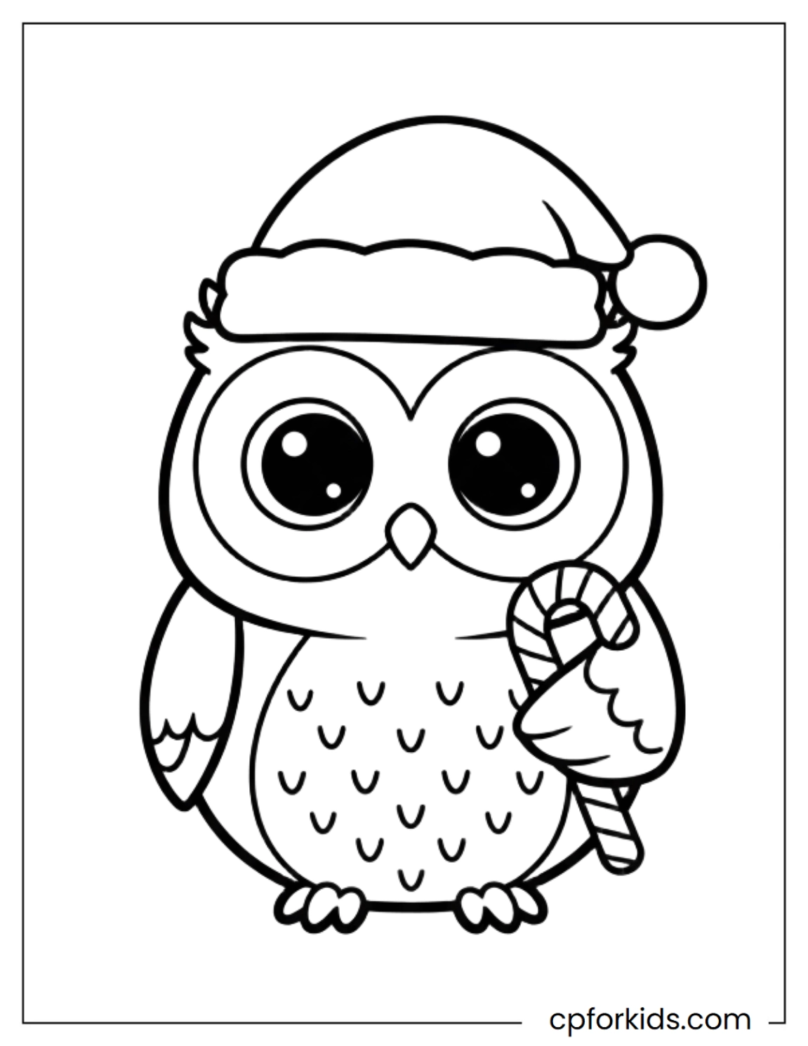 Owl wearing Santa hat with candy cane