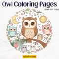 Free Printable Owl Coloring Pages 64 Cute, cartoon-style owl coloring pages featuring joyful owls perched on tree branches under the moon and stars.