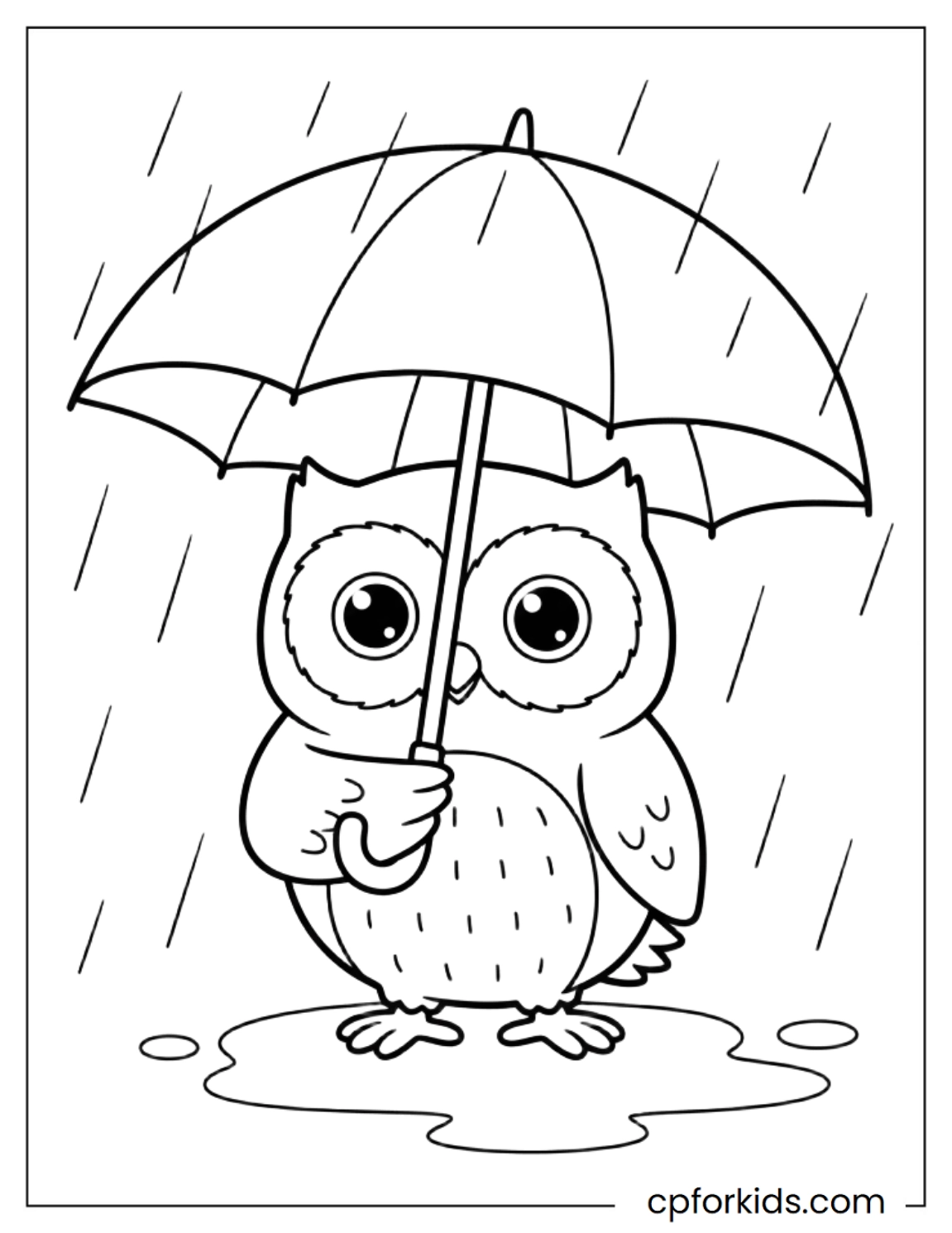 Owl standing in rain holding umbrella