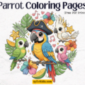 Parrot coloring pages featured image with tropical parrots like macaws and cockatoos, cute cartoon outline style in a jungle setting, free printable PDF download for kids.