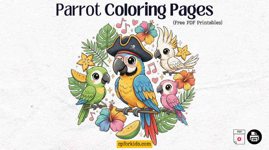 Parrot coloring pages featured image with tropical parrots like macaws and cockatoos, cute cartoon outline style in a jungle setting, free printable PDF download for kids.