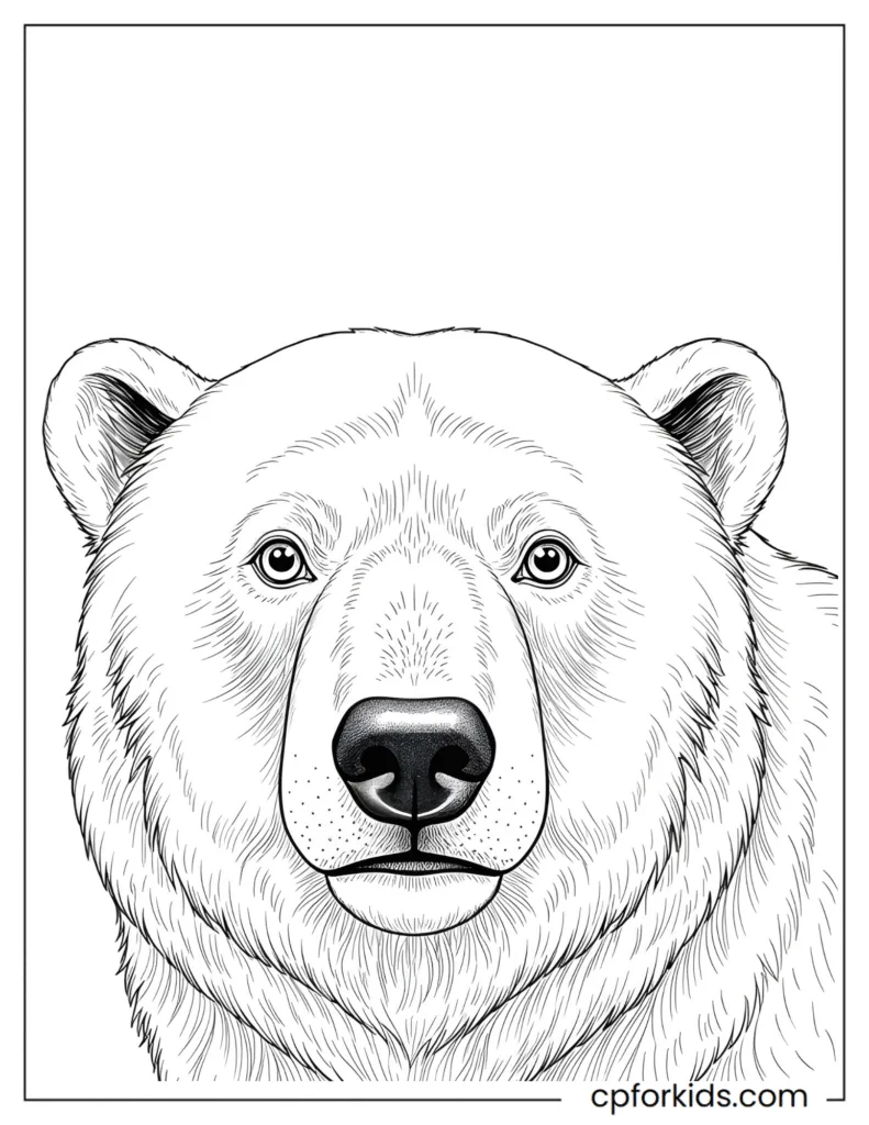 A high-detail, realistic close-up of a polar bear face, focusing on the eyes and nose. One of our most dramatic polar bear images to color.