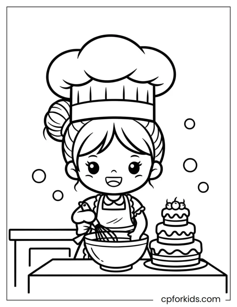 Simple princess coloring page dressed as a chef baking a cake.